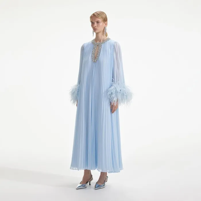 Self Portrait Dresses Women Blue Chiffon Feather Midi Dress Blue