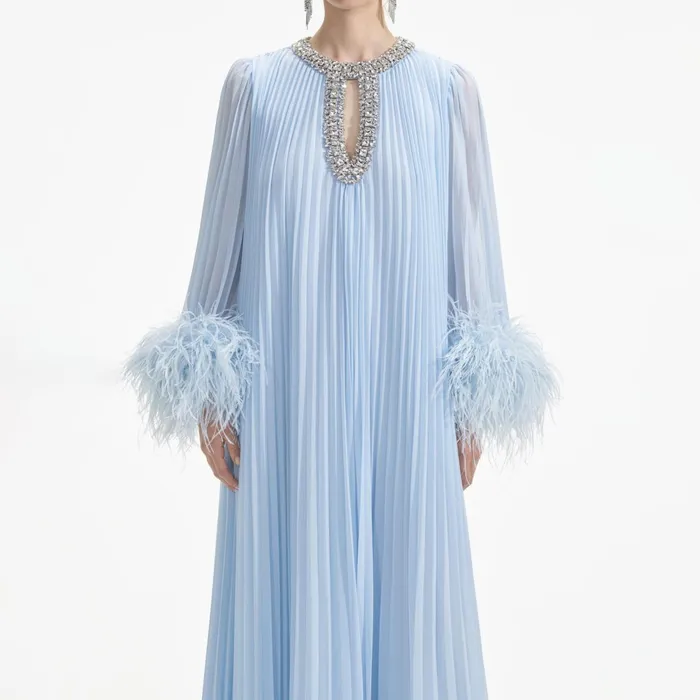 Self Portrait Dresses Women Blue Chiffon Feather Midi Dress Blue
