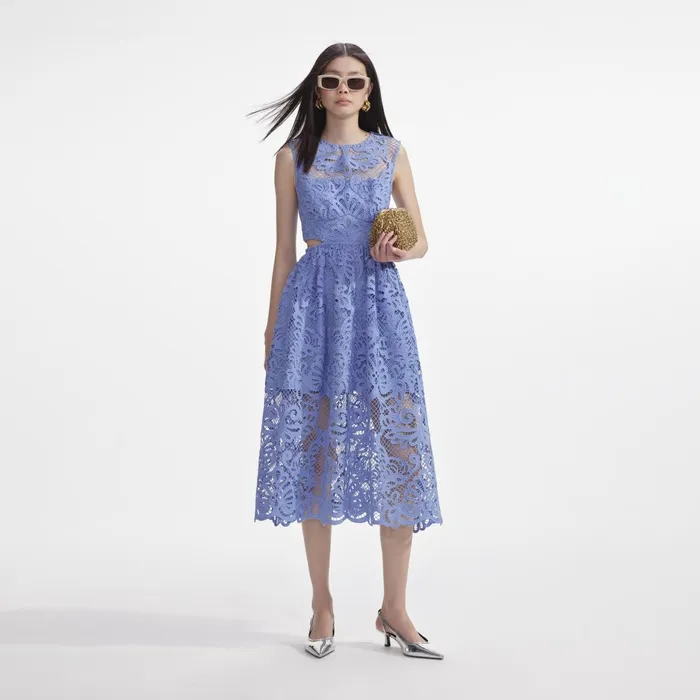 Self Portrait Dresses Women Blue Lace Cut Out Midi Dress