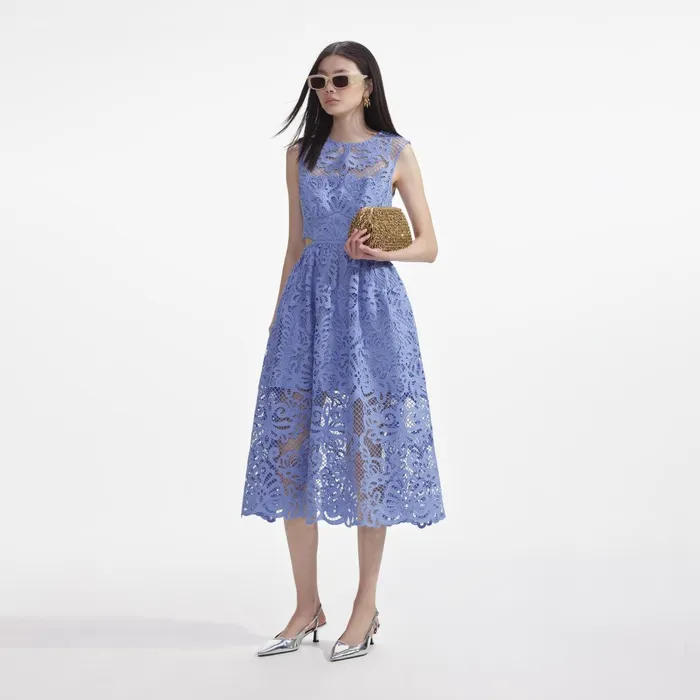 Self Portrait Dresses Women Blue Lace Cut Out Midi Dress