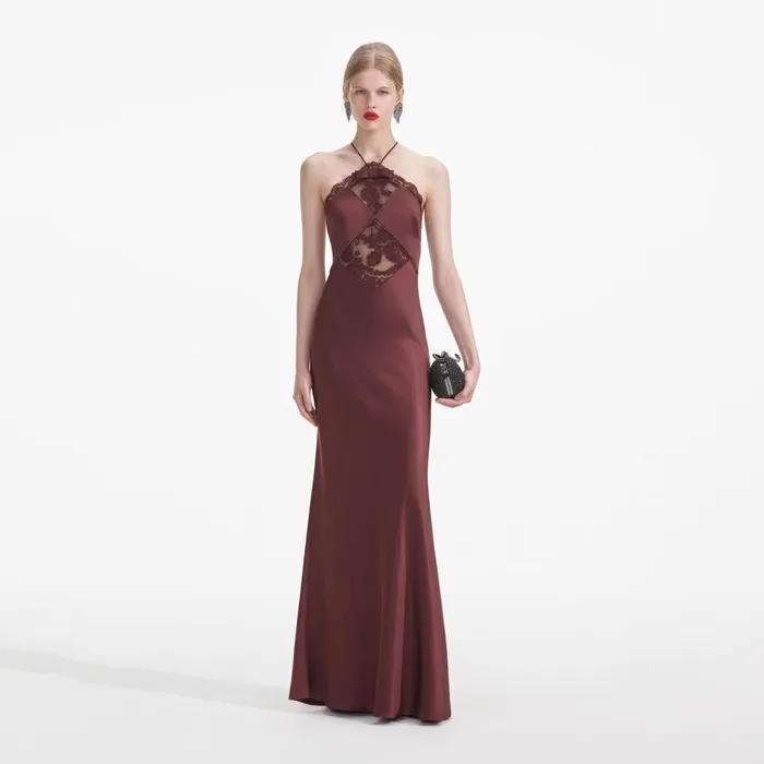 Self Portrait Dresses Women Brown Satin Maxi Dress