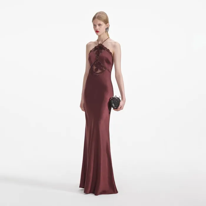 Self Portrait Dresses Women Brown Satin Maxi Dress