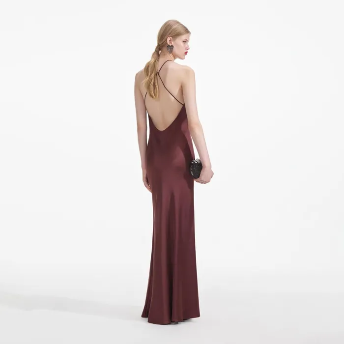 Self Portrait Dresses Women Brown Satin Maxi Dress