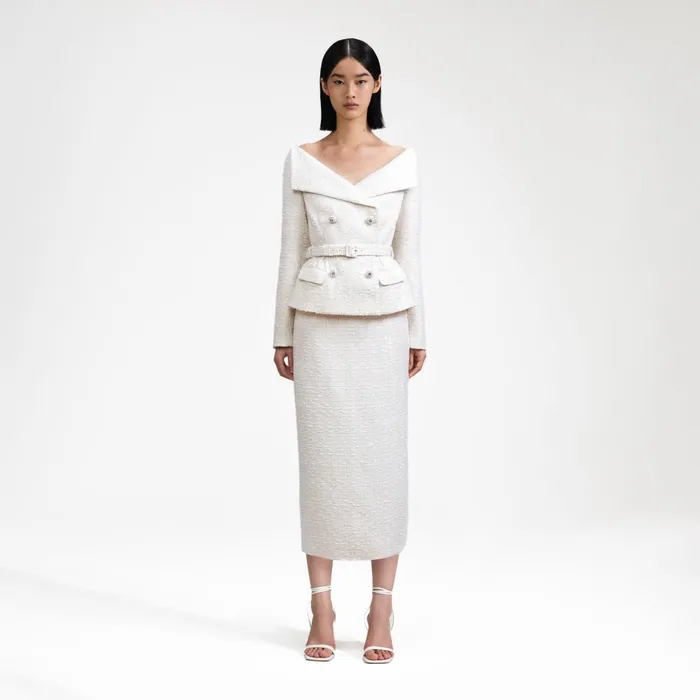 Self Portrait Dresses Women Cream Off Shoulder Boucle Midi Dress White