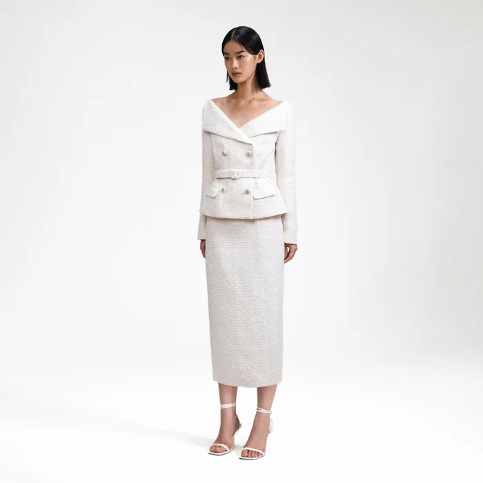 Self Portrait Dresses Women Cream Off Shoulder Boucle Midi Dress White Self Portrait Dresses Women Cream Off Shoulder Boucle Midi Dress White