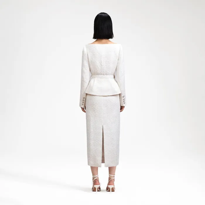 Self Portrait Dresses Women Cream Off Shoulder Boucle Midi Dress White Self Portrait Dresses Women Cream Off Shoulder Boucle Midi Dress White