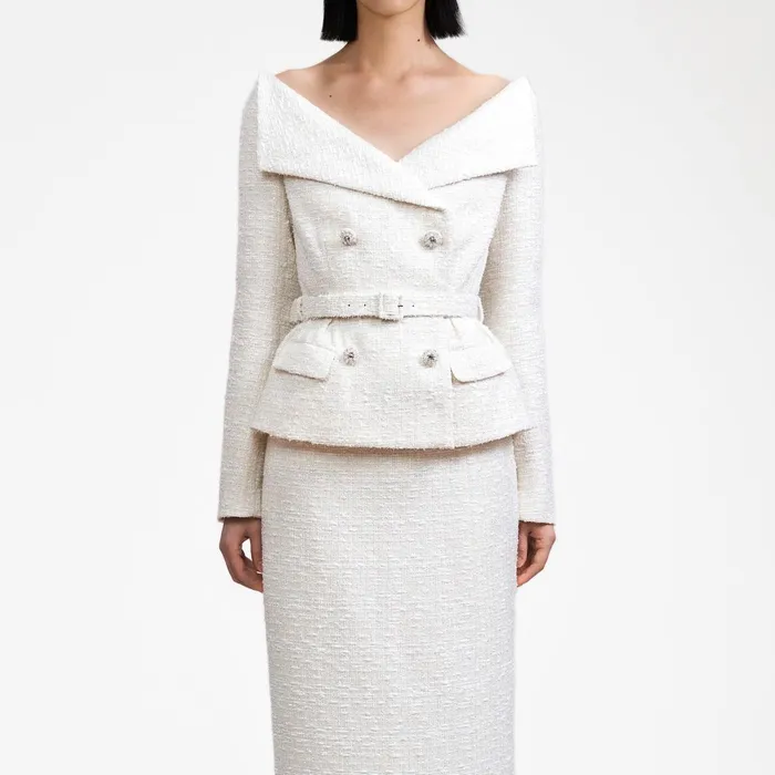 Self Portrait Dresses Women Cream Off Shoulder Boucle Midi Dress White Self Portrait Dresses Women Cream Off Shoulder Boucle Midi Dress White