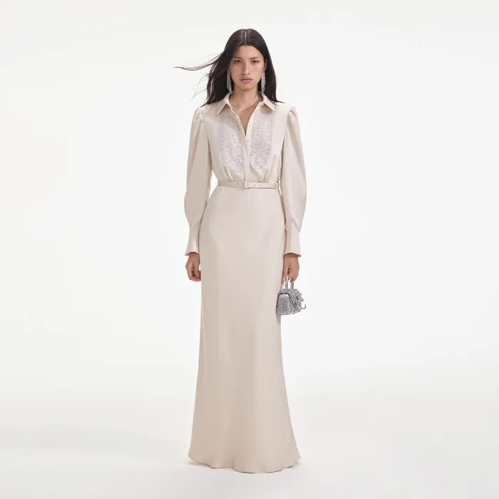 Self Portrait Dresses Women Cream Satin Embellished Bib Maxi Dress