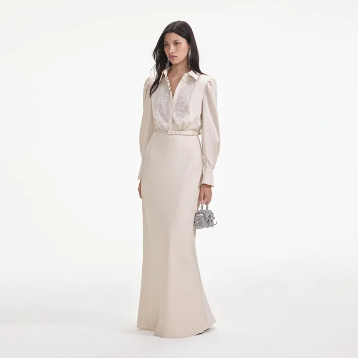 Self Portrait Dresses Women Cream Satin Embellished Bib Maxi Dress