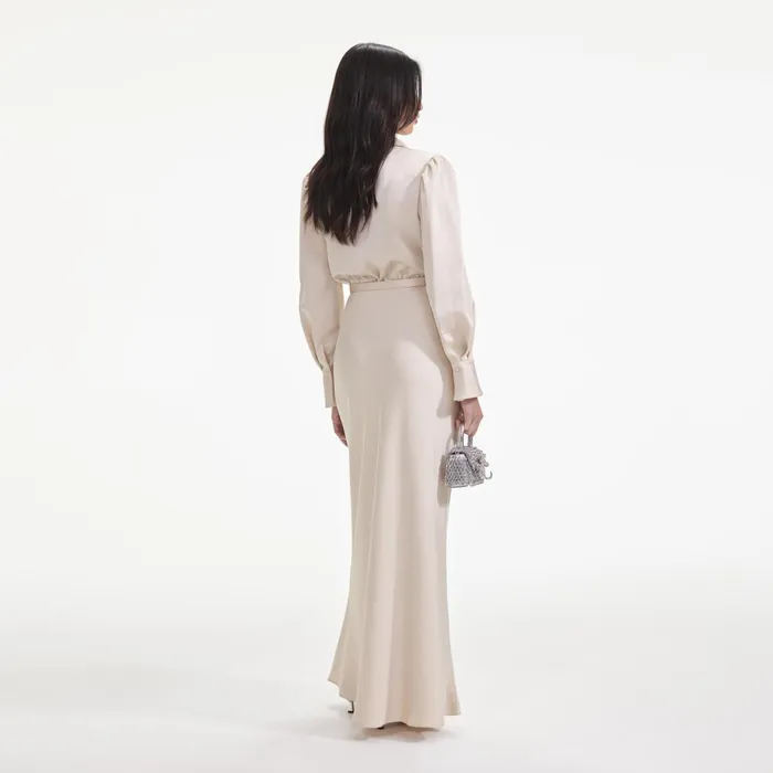 Self Portrait Dresses Women Cream Satin Embellished Bib Maxi Dress
