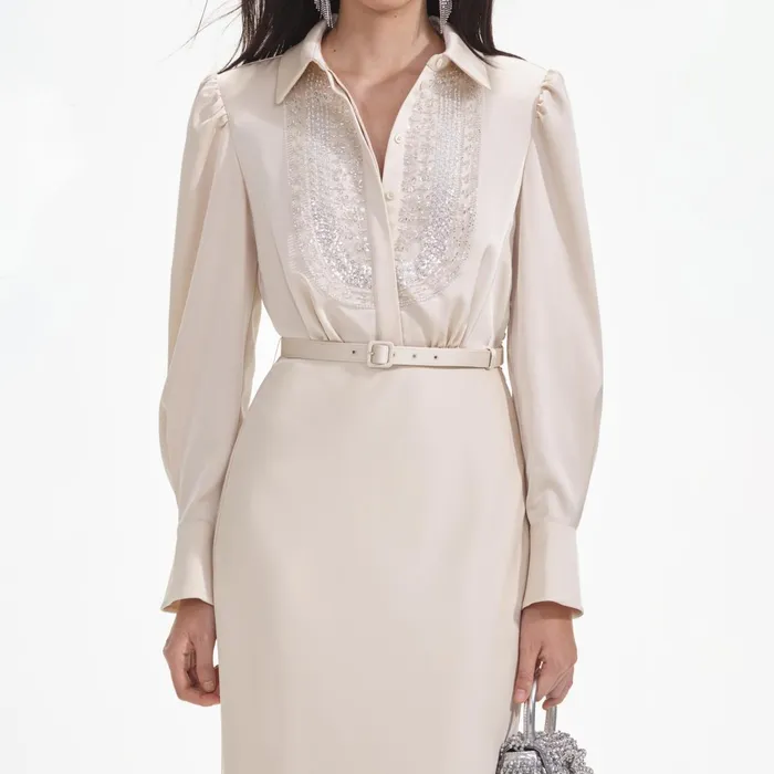 Self Portrait Dresses Women Cream Satin Embellished Bib Maxi Dress