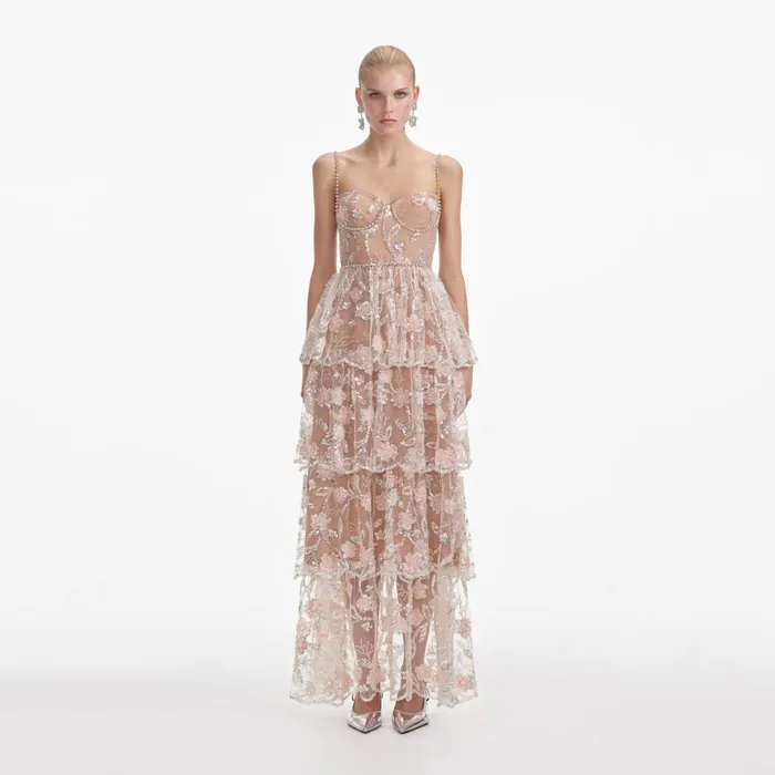 Self Portrait Dresses Women Flower Sequin Tier Maxi Dress