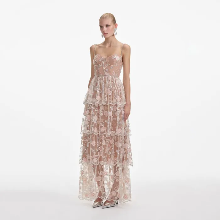 Self Portrait Dresses Women Flower Sequin Tier Maxi Dress