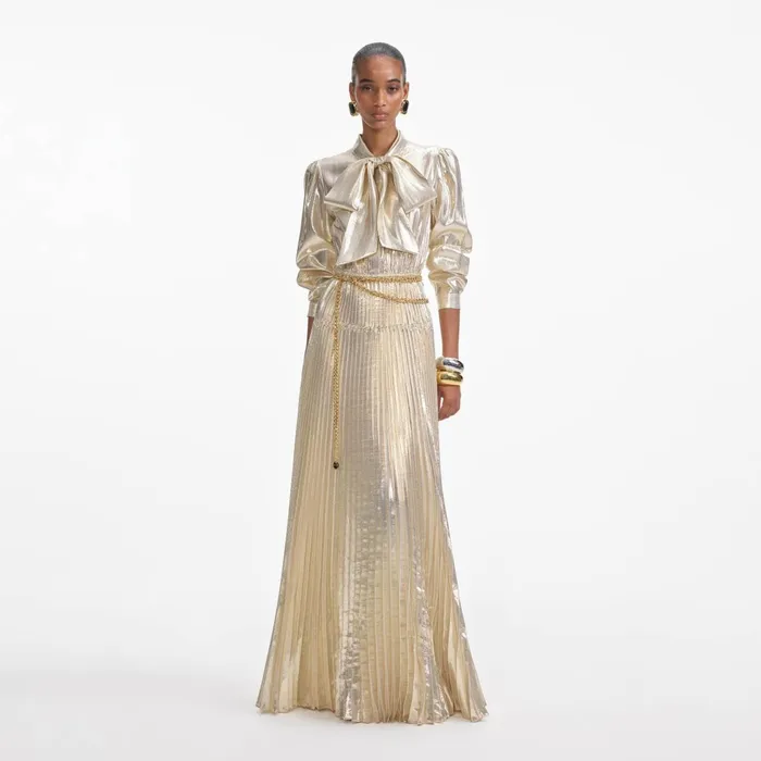 Self Portrait Dresses Women Gold Metallic Pussy Bow Maxi Dress