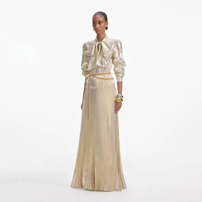 Self Portrait Dresses Women Gold Metallic Pussy Bow Maxi Dress