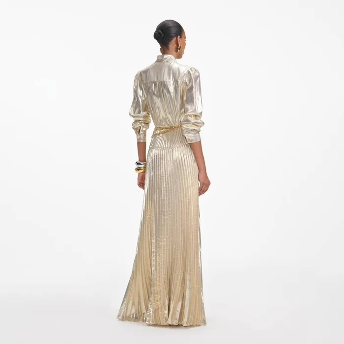 Self Portrait Dresses Women Gold Metallic Pussy Bow Maxi Dress