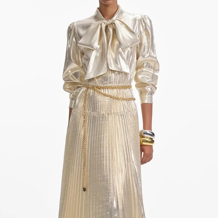 Self Portrait Dresses Women Gold Metallic Pussy Bow Maxi Dress