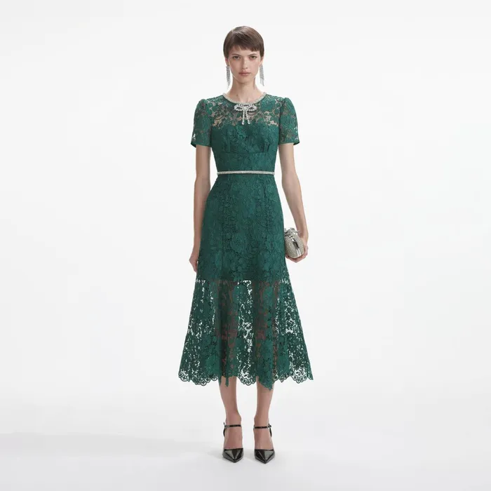 Self Portrait Dresses Women Green Lace Diamante Bow Midi Dress