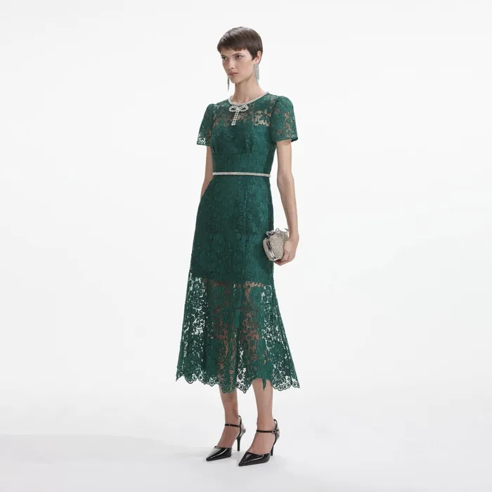 Self Portrait Dresses Women Green Lace Diamante Bow Midi Dress