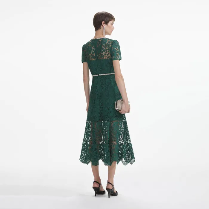 Self Portrait Dresses Women Green Lace Diamante Bow Midi Dress