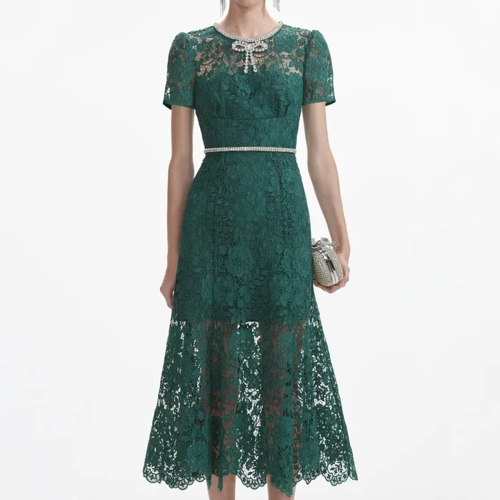 Self Portrait Dresses Women Green Lace Diamante Bow Midi Dress