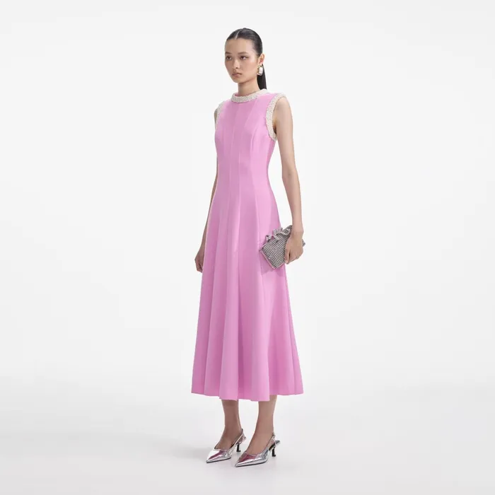 Self Portrait Dresses Women Pink Crepe Pearl Trim Midi Dress