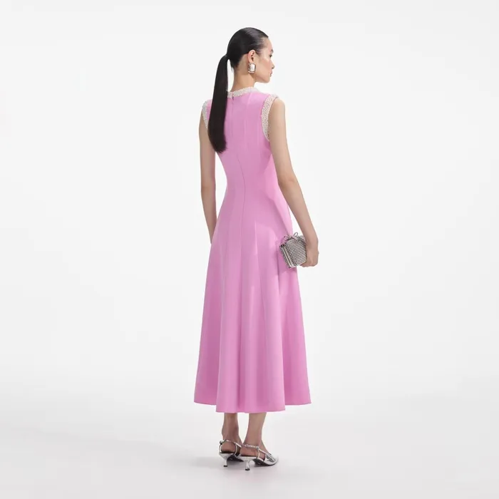 Self Portrait Dresses Women Pink Crepe Pearl Trim Midi Dress