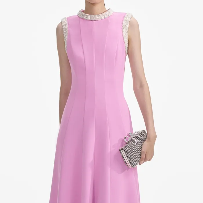 Self Portrait Dresses Women Pink Crepe Pearl Trim Midi Dress