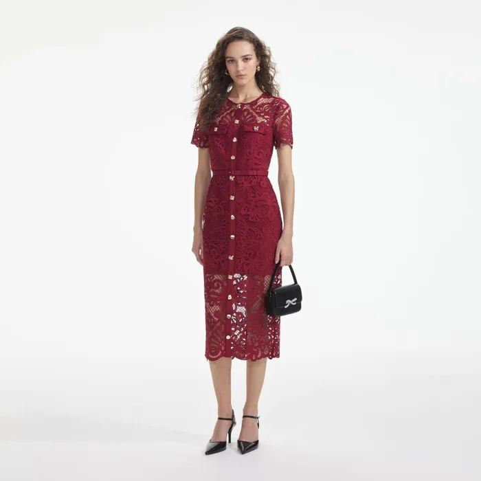 Self Portrait Dresses Women Red Guipure Lace Button Midi Dress
