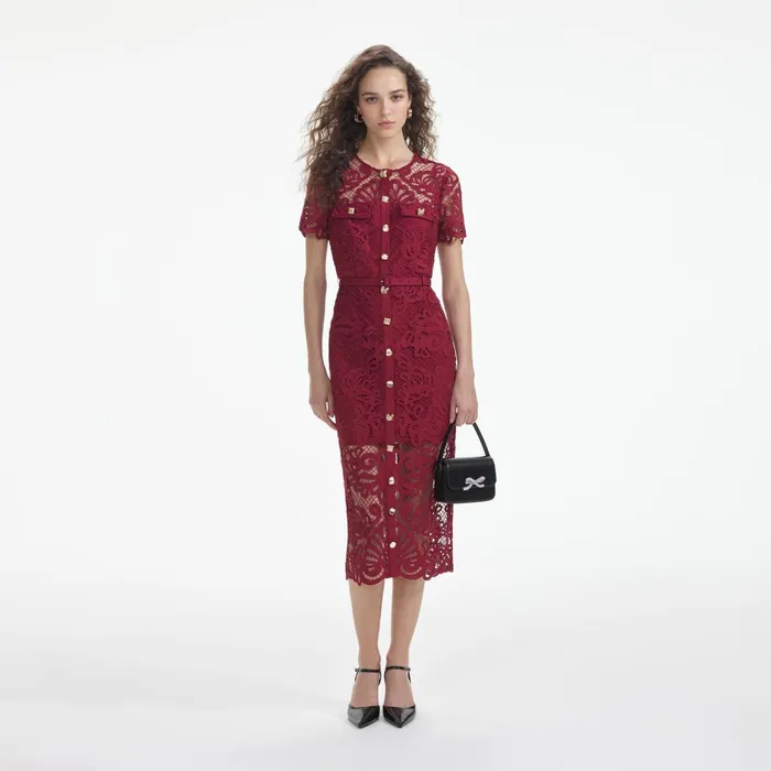Self Portrait Dresses Women Red Guipure Lace Button Midi Dress