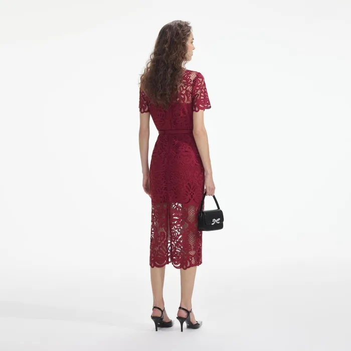 Self Portrait Dresses Women Red Guipure Lace Button Midi Dress