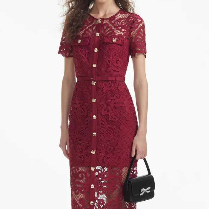 Self Portrait Dresses Women Red Guipure Lace Button Midi Dress