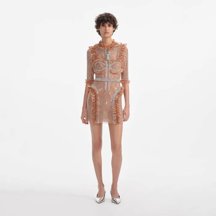 Self Portrait Dresses Women Tan Rhinestone Mesh Ruffle Mini Dress Tan