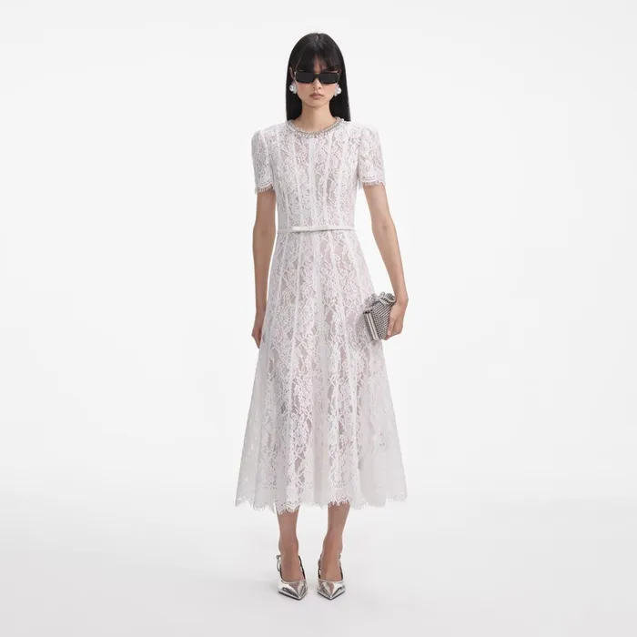 Self Portrait Dresses Women White Sequin Lace Midi Dress