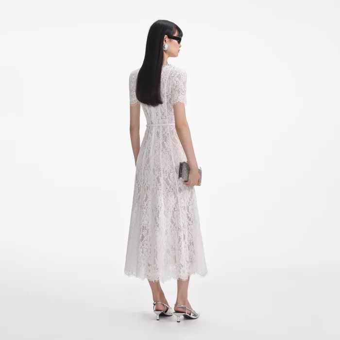 Self Portrait Dresses Women White Sequin Lace Midi Dress