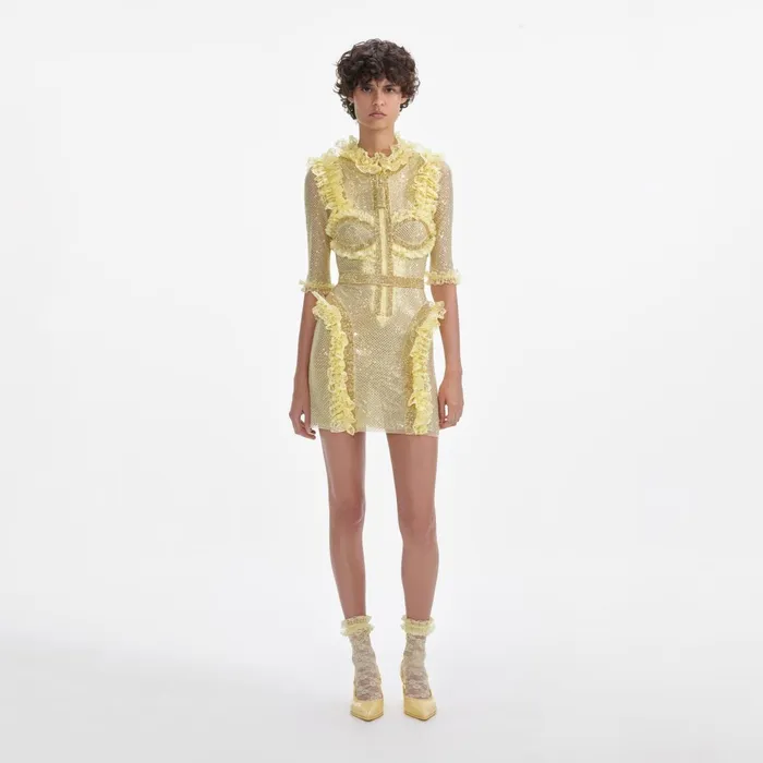 Self Portrait Dresses Women Yellow Rhinestone Mesh Ruffle Mini Dress Yellow