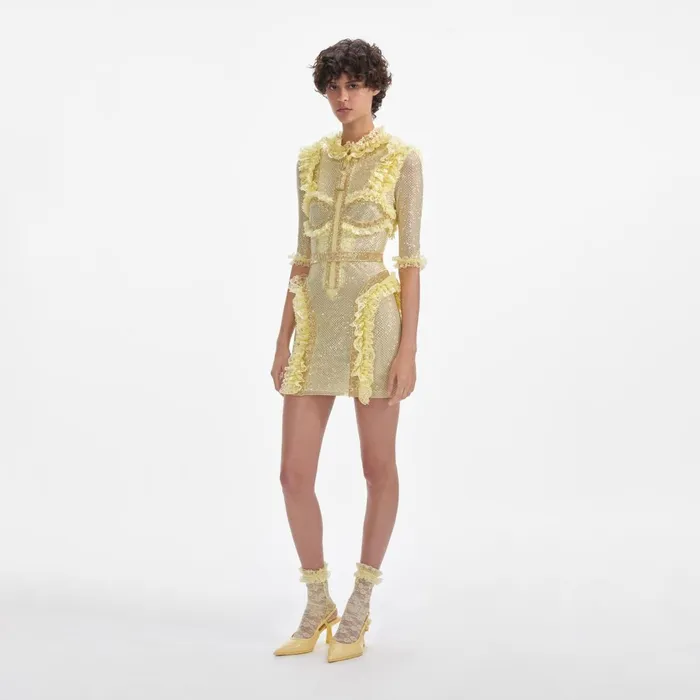 Self Portrait Dresses Women Yellow Rhinestone Mesh Ruffle Mini Dress Yellow