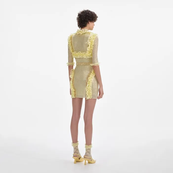 Self Portrait Dresses Women Yellow Rhinestone Mesh Ruffle Mini Dress Yellow