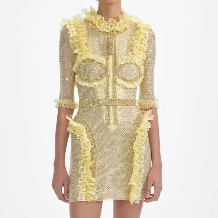 Self Portrait Dresses Women Yellow Rhinestone Mesh Ruffle Mini Dress Yellow
