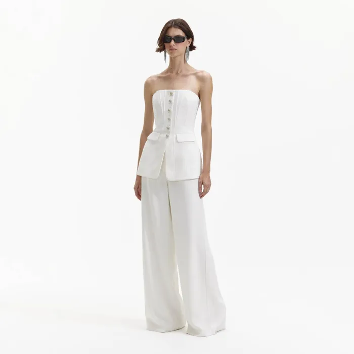 Self Portrait Jumpsuits Women White Bandeau Crepe Jumpsuit
