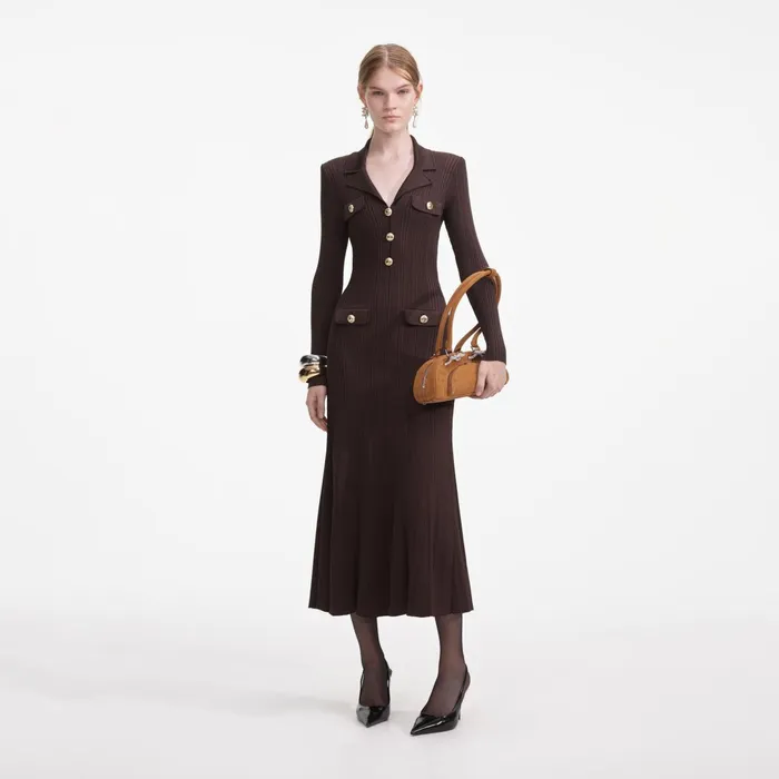 Self Portrait Knitwear Women Brown Viscose Rib Knit Midi Dress