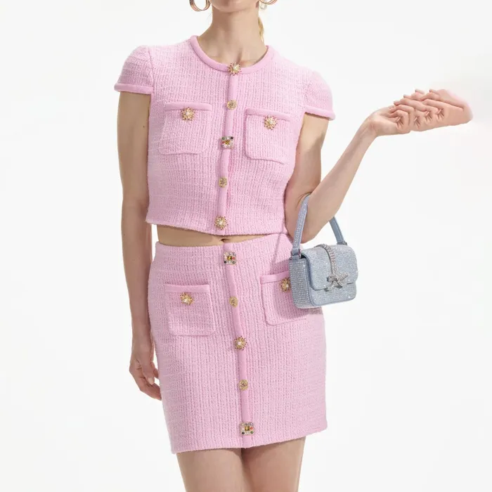 Self Portrait Knitwear Women Pink Jewel Button Knit Mini Skirt