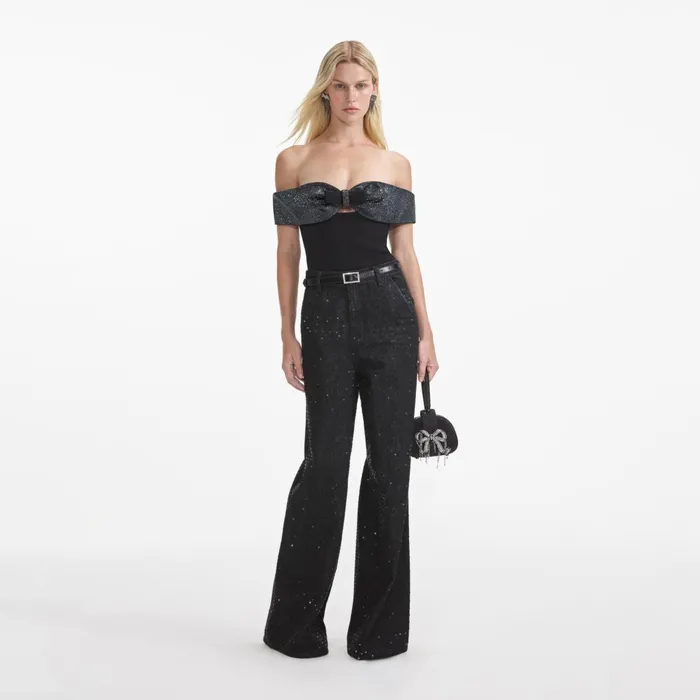 Self Portrait Tops Women Black Crepe Bow Top