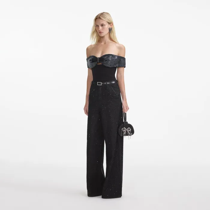 Self Portrait Tops Women Black Crepe Bow Top
