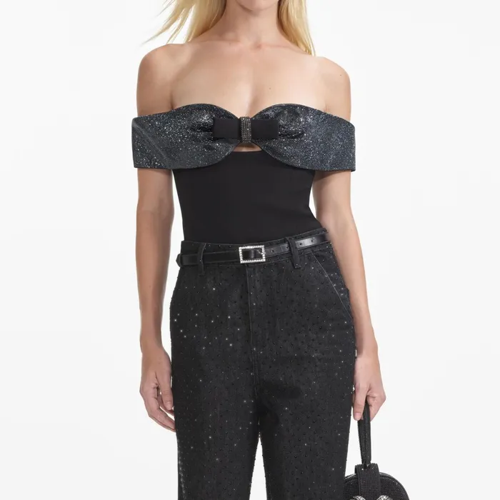 Self Portrait Tops Women Black Crepe Bow Top
