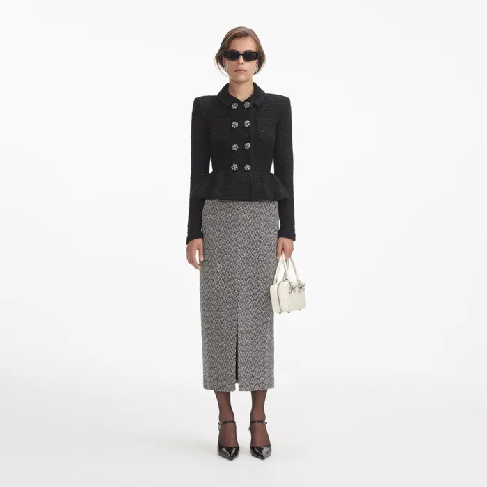Self Portrait Tops Women Black Textured Knit Peplum Jacket