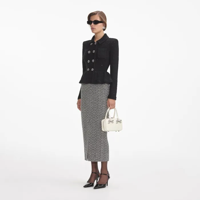 Self Portrait Tops Women Black Textured Knit Peplum Jacket