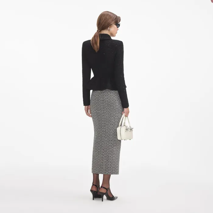 Self Portrait Tops Women Black Textured Knit Peplum Jacket