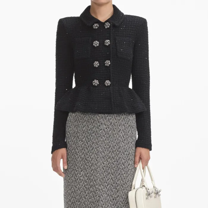 Self Portrait Tops Women Black Textured Knit Peplum Jacket