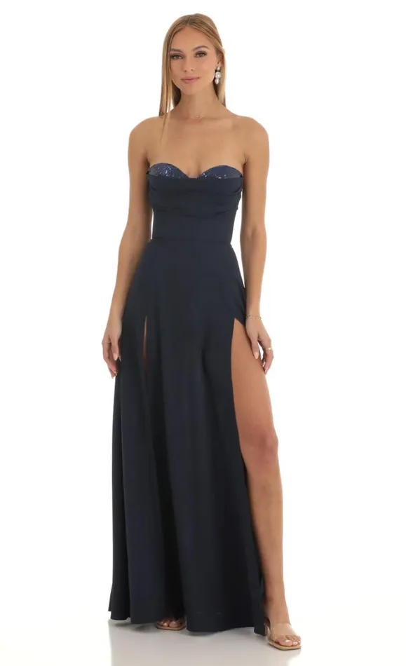 Sequin Bust Crepe Maxi Dress Dark Blue Women LUCY IN THE SKY Maxi Dresses
